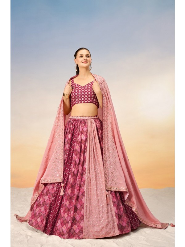Pure Chiffon Lehenga In Lime Pink Color With Embroidery Work & Sequence Work  