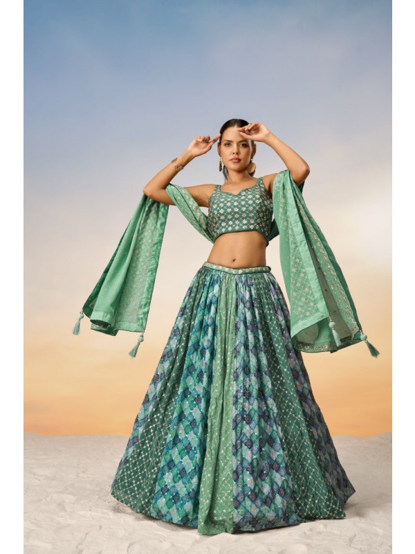 Pure Chiffon Lehenga In Lime Green Lavender Color With Embroidery Work & Sequence Work  