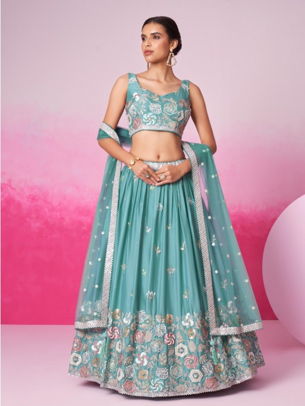 Pure Chiffon Lehenga In Turquois Blue Color With Embroidery Work & Sequence Work  