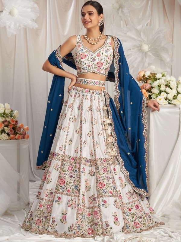 Pure Georgette Lehenga In Cream Color Lehenga With Embroidery Work, Moti Work & Zarkan Work  
