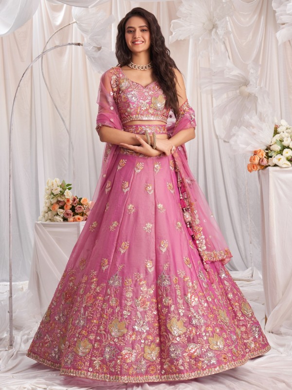 Pure Georgette Lehenga Pink Color Lehenga With Embroidery Work & Sequence Work    