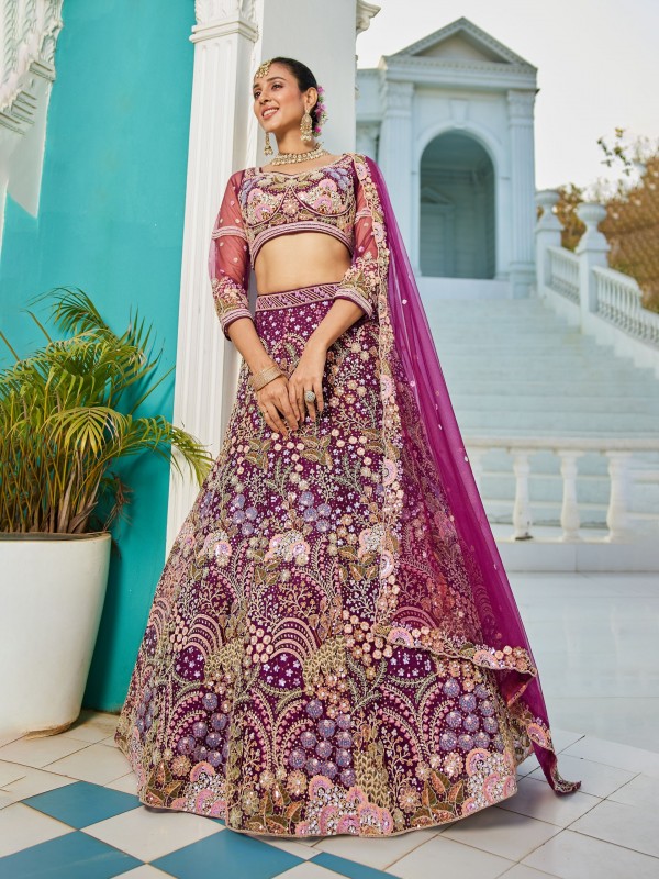 Soft Premium Net Fabric Lehenga In Burgundy Color With Embroidery Work & Zarkan Work    