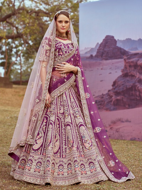 Pure Silk fabric Wedding Wear Lehenga In Purple Color With Embroidery Work 