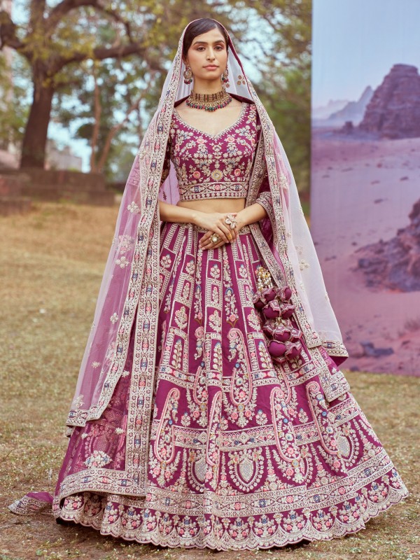 Pure Silk fabric Wedding Wear Lehenga In Purple Color With Embroidery Work 