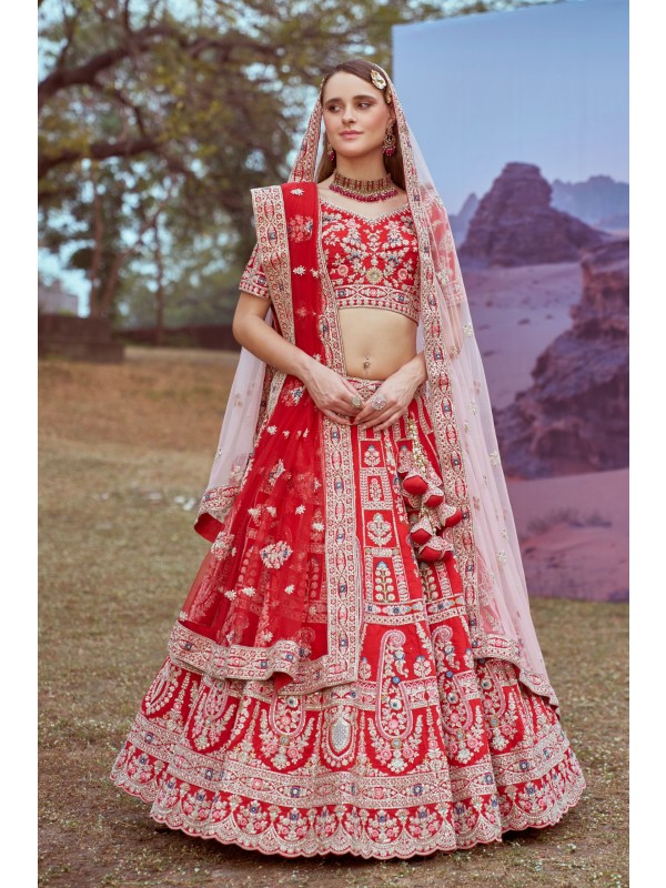 Pure Silk fabric Wedding Wear Lehenga In Red Color With Embroidery Work 
