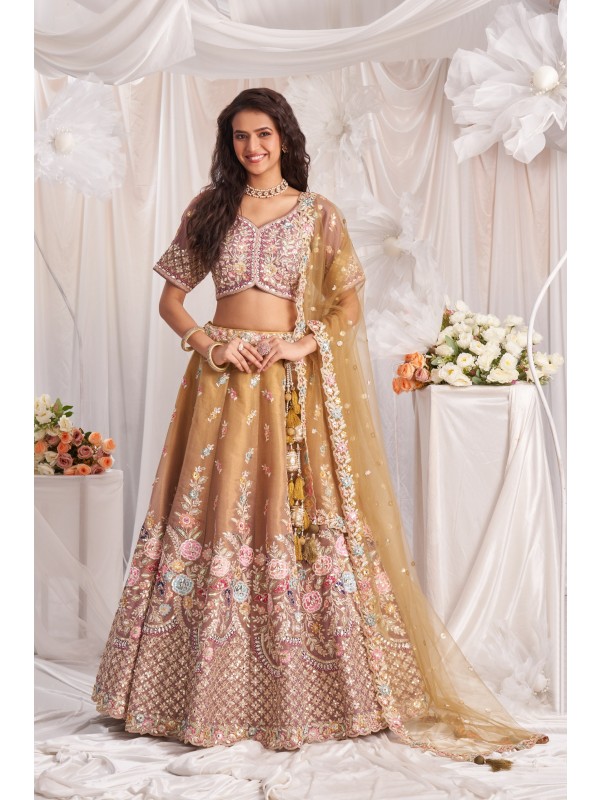 Soft Premium Net fabric Lehenga In Rose gold Color With Embroidery Work & Gotapatti Work    