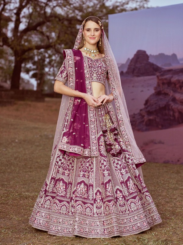 Pure Silk fabric Wedding Wear Lehenga In Purple Color With Embroidery Work 