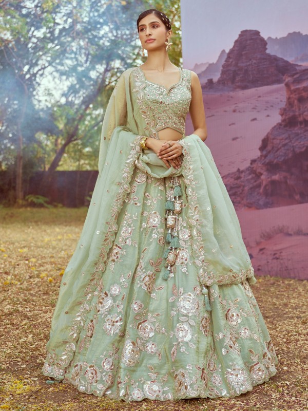 Pure Organza Silk fabric Lehenga Lime Green Color Lehenga With Embroidery Work