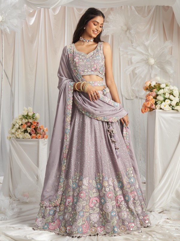 Pure Chiffon fabric Lehenga In Mauve Color With Embroidery Work & Sequence Work    