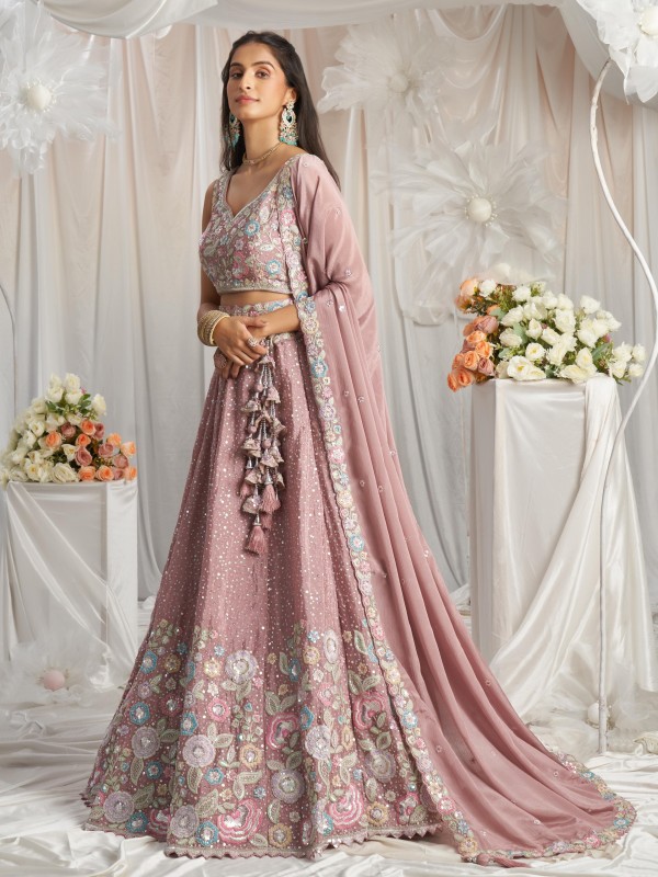 Pure Chiffon fabric Lehenga In Rose gold Color With Embroidery Work & Sequence Work    