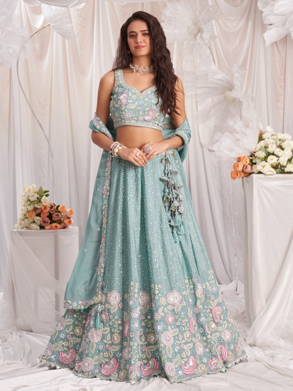 Pure Chiffon fabric Lehenga In Sea Green Color With Embroidery Work & Sequence Work    