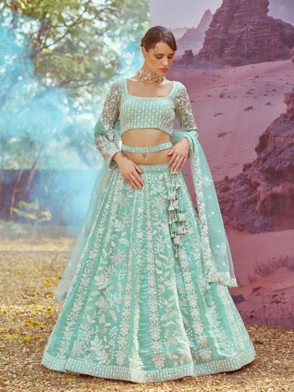 Pure Organza Silk Fabric Lehenga Sea Green Color Lehenga With Embroidery Work 