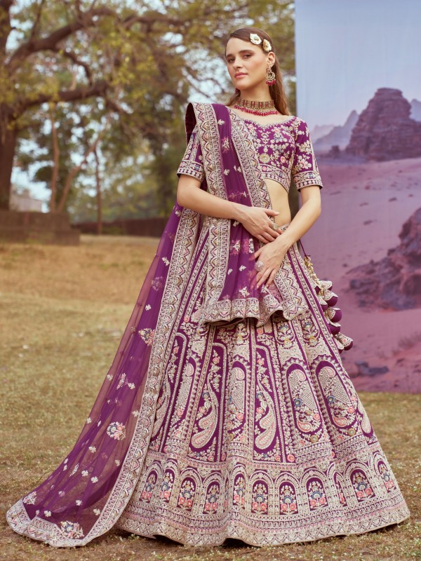 Pure Silk fabric Wedding Wear Lehenga In Purple Color With Embroidery Work 