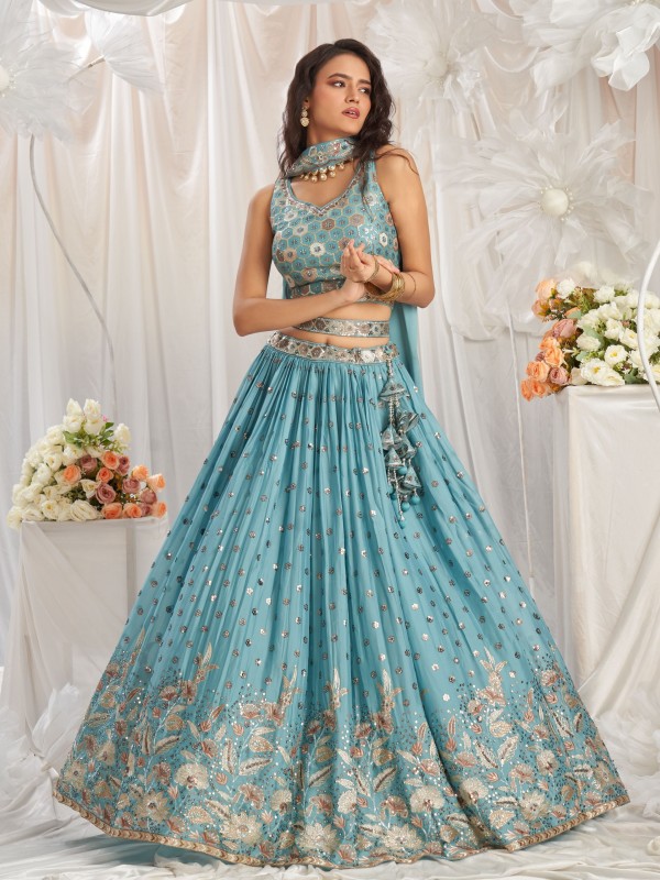 Pure Georgette Lehenga Turquoise In blue Color With Embroidery Work & Sequence Work    