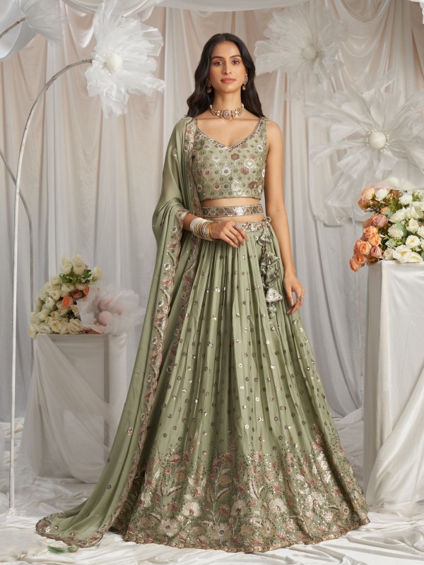 Pure Georgette Lehenga In Lime Green Color With Embroidery Work & Sequence Work    