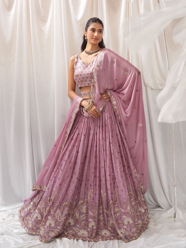 Pure Georgette Lehenga In Lavender Color With Embroidery Work & Sequence Work    