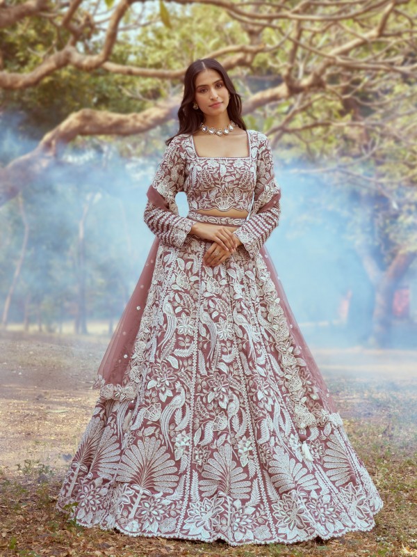 Pure Satin Silk fabric Wedding Wear Lehenga In Rose Gold Color With Embroidery Work 