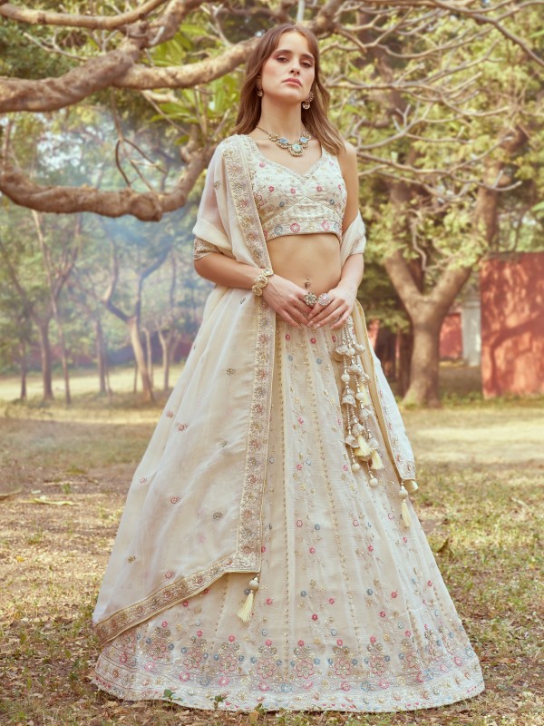 Pure Tissue Silk fabric Party Wear Lehenga In Cream Color With Embroidery Work 
