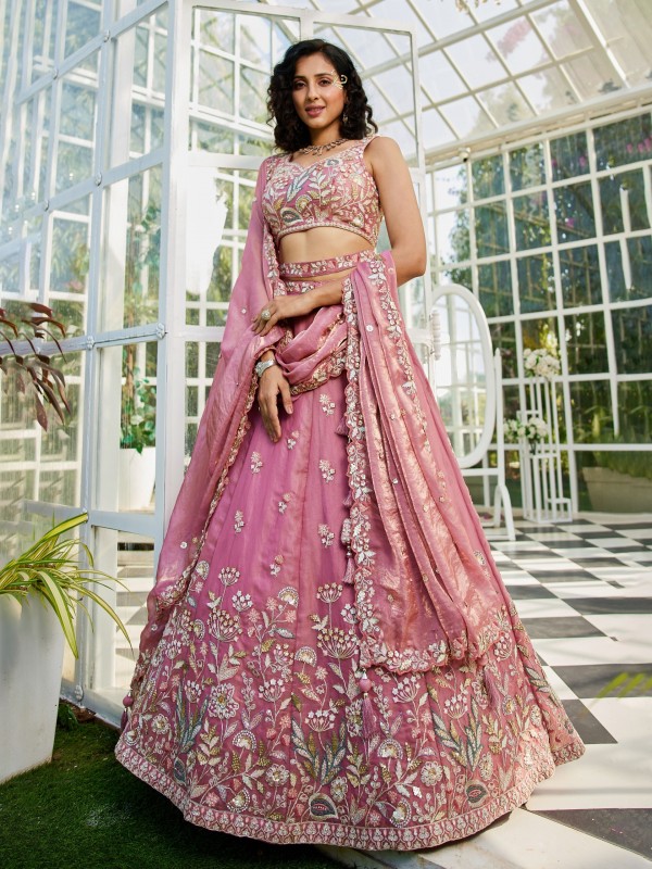Pure Tissue Silk Lehenga Pink Color Lehenga With Embroidery Work & Moti Work    