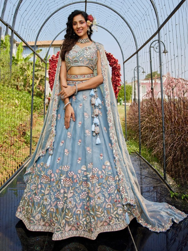 Pure Tissue Silk Lehenga blue Color Lehenga With Embroidery Work & Moti Work    