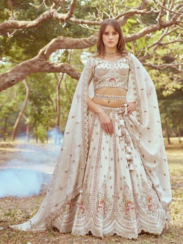 Pure Tissue Silk fabric Party Wear Lehenga In Cream Color With Embroidery Work 