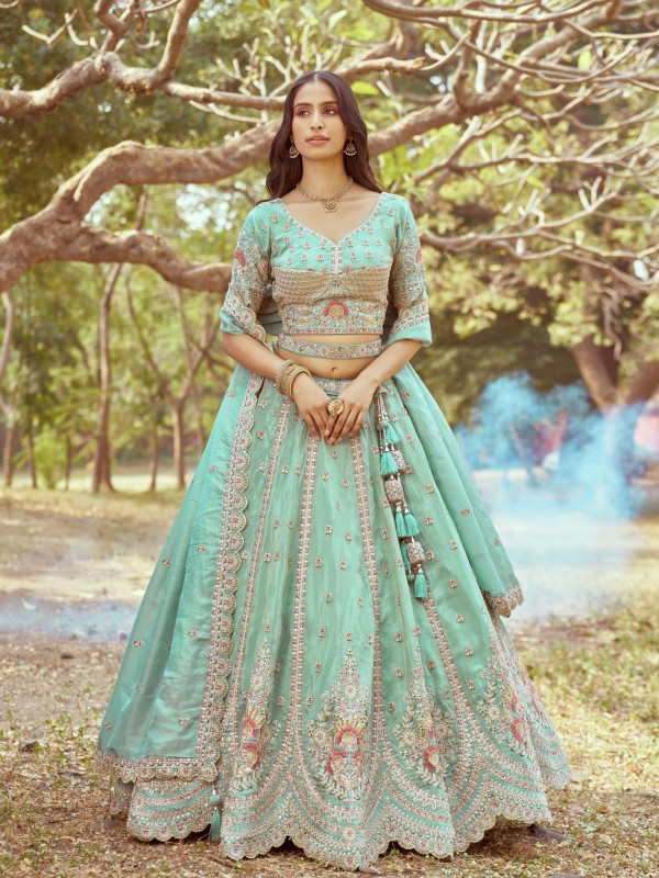 Pure Tissue Silk fabric Party Wear Lehenga In Seagreen Color With Embroidery Work 