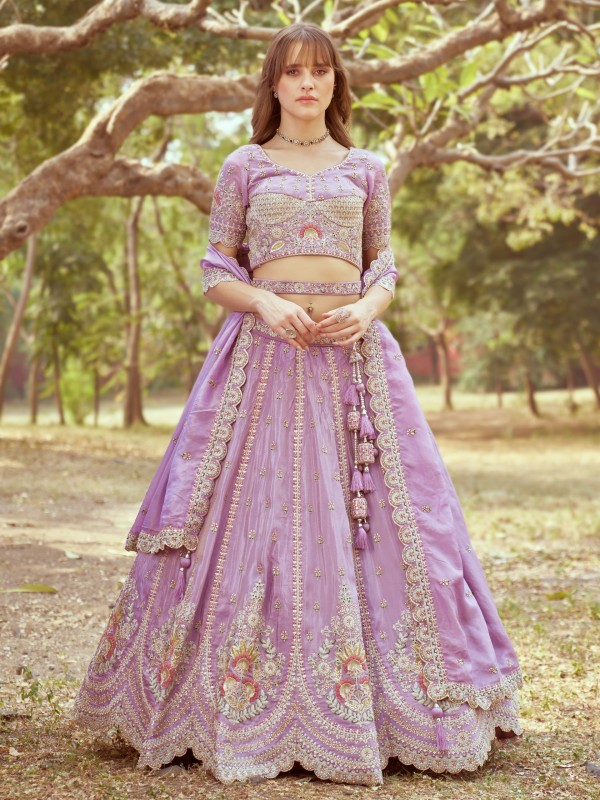 Pure Tissue Silk fabric Party Wear Lehenga In Lavender Color With Embroidery Work 