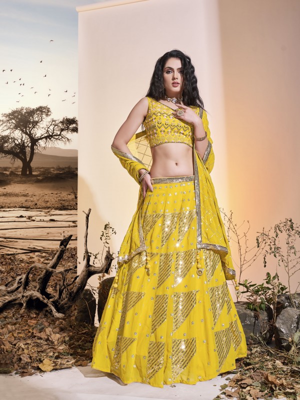 Geogratte Fabrics Party Wear Lehenga in Yellow Color With Embroidery Work