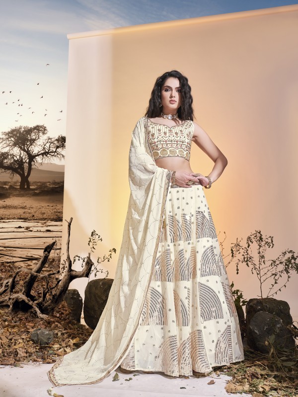 Geogratte Fabrics Party Wear Lehenga in White Color With Embroidery Work