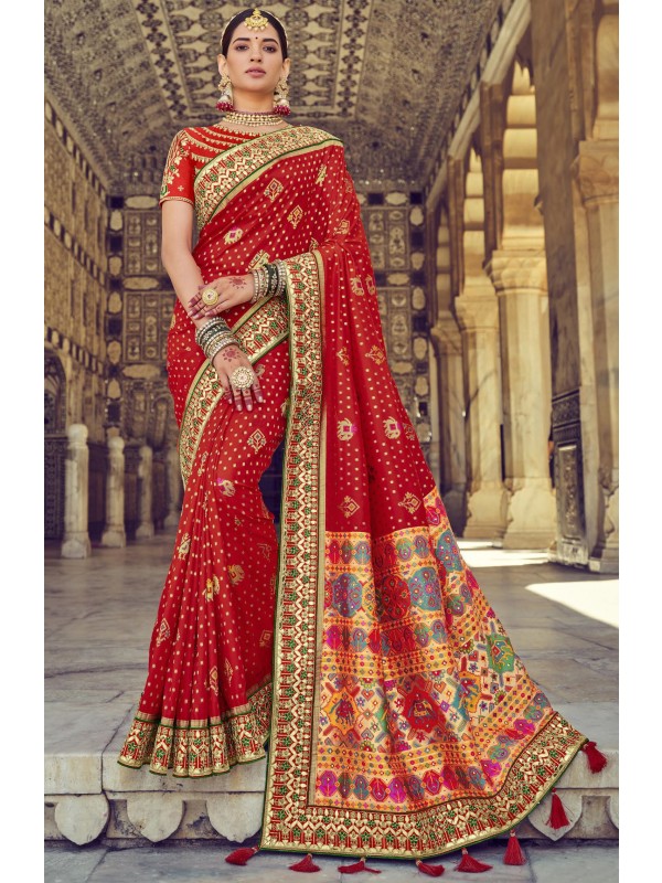 Pure  Patola  Silk Saree In Red Color With Embroidery Work
