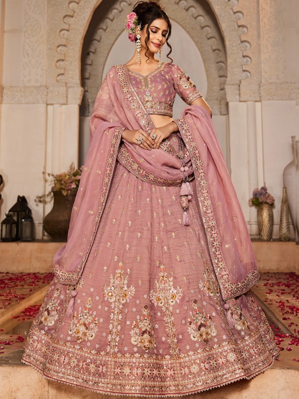 Pure Tissue Silk Fabric Wedding Wear Lehenga In Pink Color With Embroidery Work    