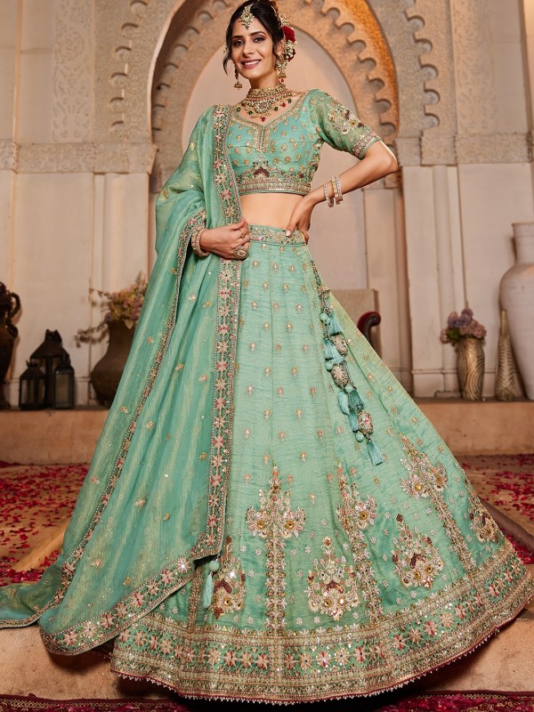 Pure Tissue Silk Fabric Wedding Wear Lehenga In Lime Green Color With Embroidery Work    