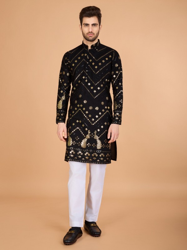 Pure Viscose Rayon Readymade Kurta in Black Color With Embroidery work 