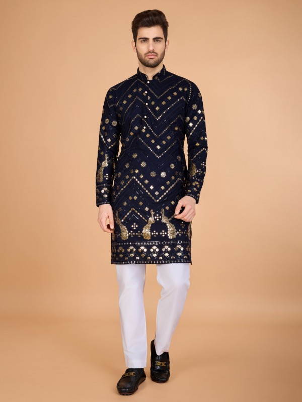 Pure Viscose Rayon Readymade Kurta in Navy Blue Color With Embroidery work 