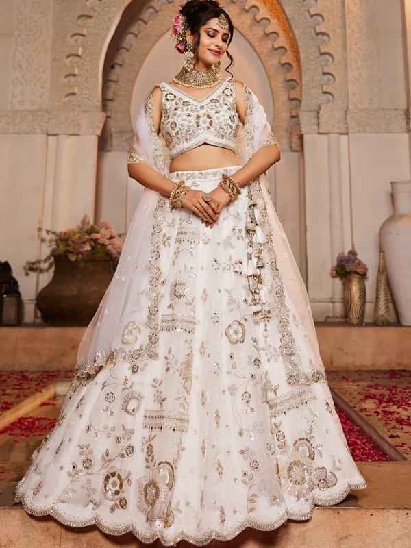 Pure Tissue Silk Fabric Wedding Wear Lehenga In Off White Color With Embroidery Work    
