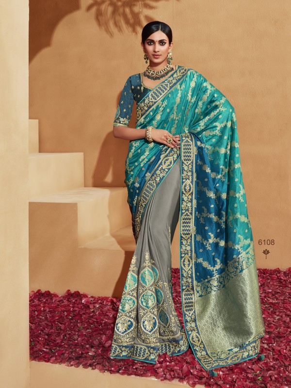 Banarsi silk  Saree Blue & Grey Color With Embroidery Work