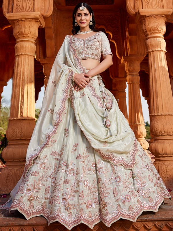 Pure Tissue Silk Fabric Wedding Wear Lehenga In Lime Green Color With Embroidery Work    