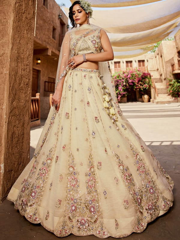 Pure Tissue Silk Fabric Wedding Wear Lehenga In Cream Color With Embroidery Work    
