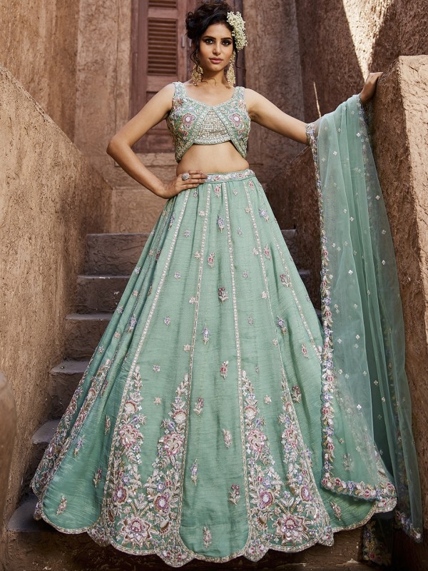 Pure Tissue Silk Fabric Wedding Wear Lehenga In Sea Green Color With Embroidery Work    