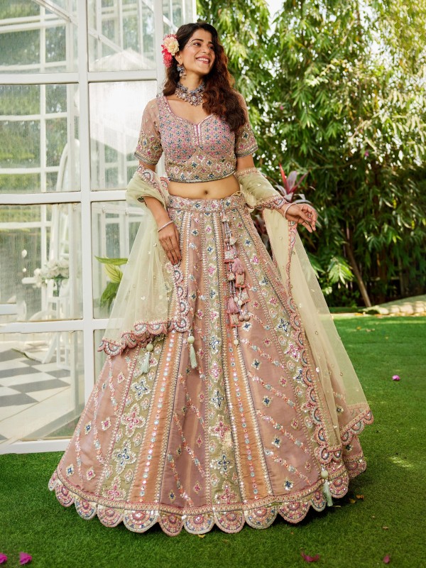 Soft Premium Net Lehenga Lime Green Color Lavender With Embroidery Work & Mirror Work    
