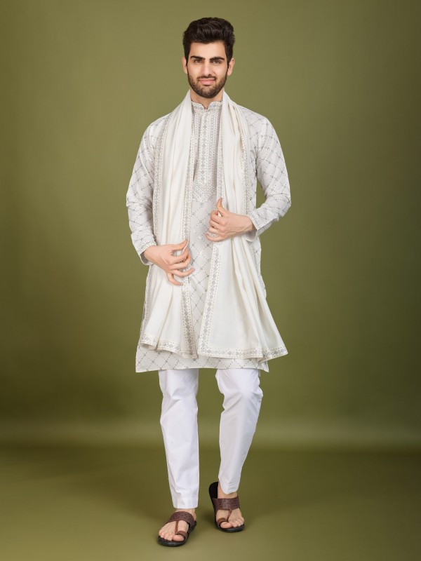 Viscose Silk Readymade Kurta in White Color With Embroidery work 