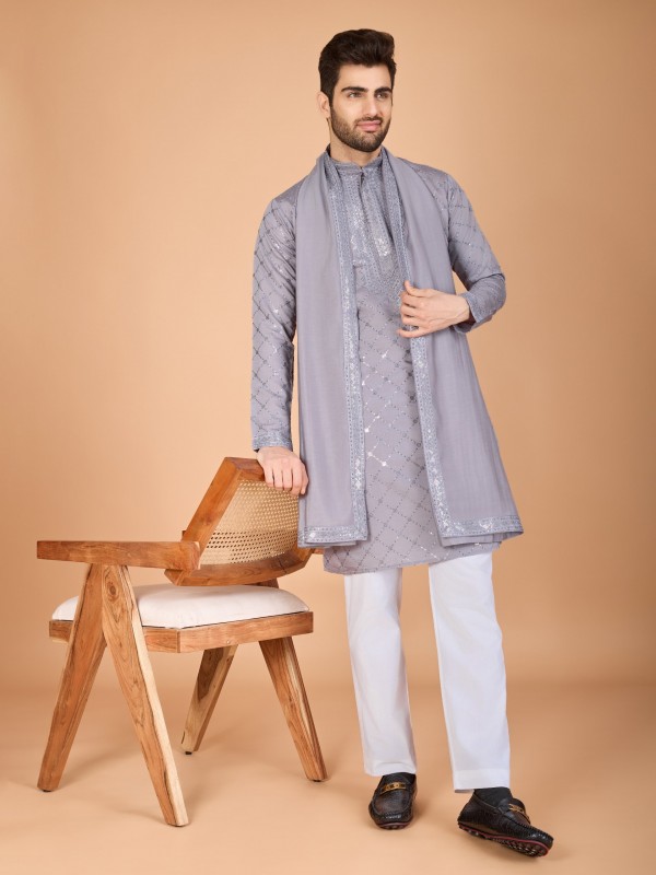 Viscose Silk Readymade Kurta in Grey Color With Embroidery work 