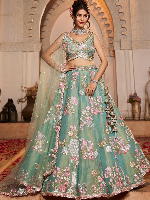 Soft Bridal Net Wedding Wear Lehenga In Sea Green Color With Embroidery Work    