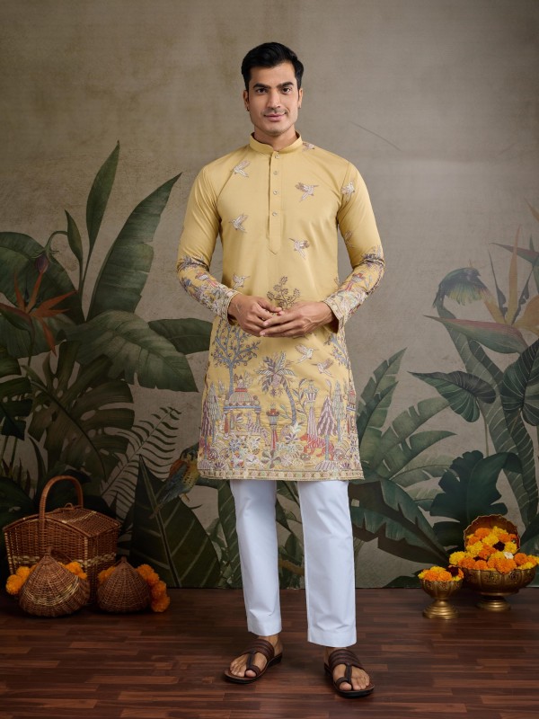 Pure Viscose Readymade Kurta in Yellow Color With Embroidery work 