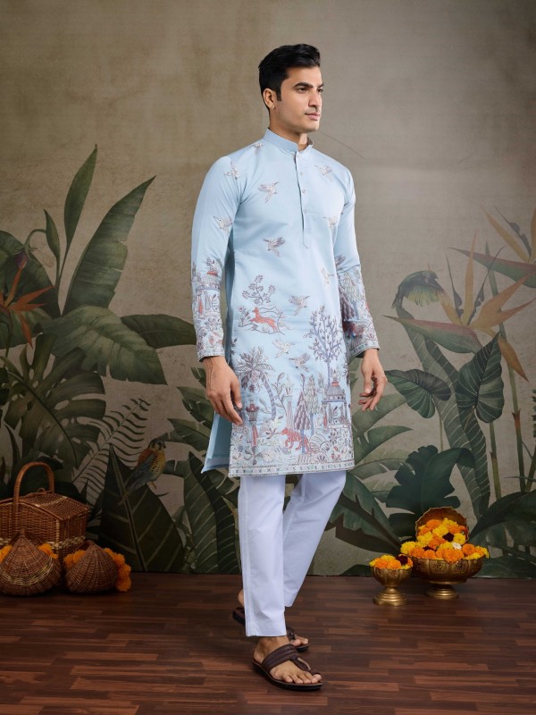 Pure Viscose Readymade Kurta in Sky Blue Color With Embroidery work 