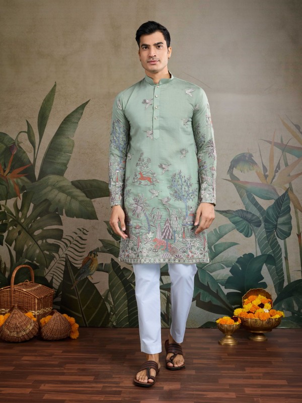 Pure Viscose Readymade Kurta in Pista Green Color With Embroidery work 