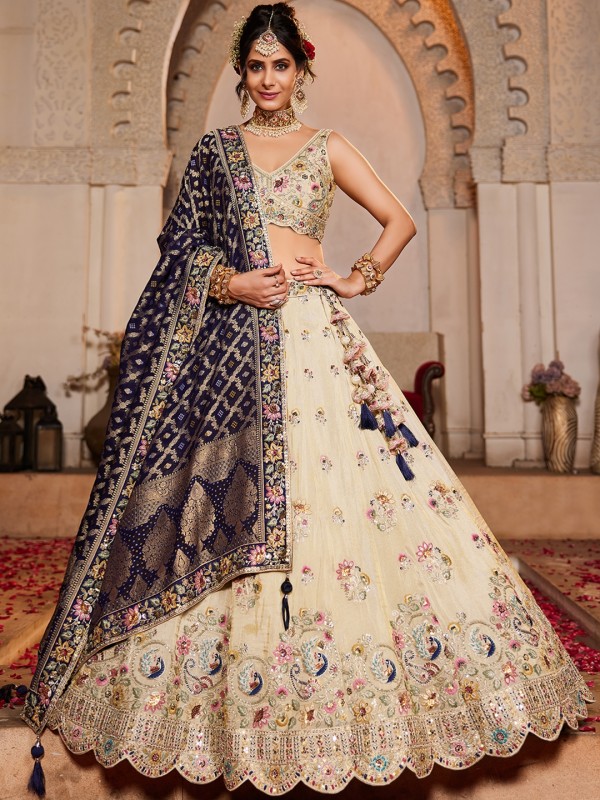 Pure Tissue Silk Fabric Wedding Wear Lehenga In Cream & Navy blue Color With Embroidery Work    