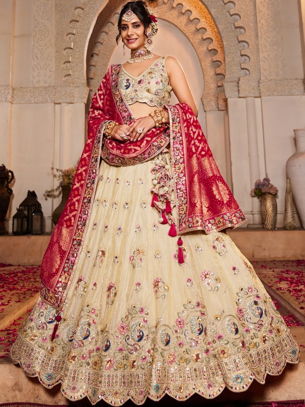 Pure Tissue Silk Fabric Wedding Wear Lehenga In Cream & Pink Color With Embroidery Work    