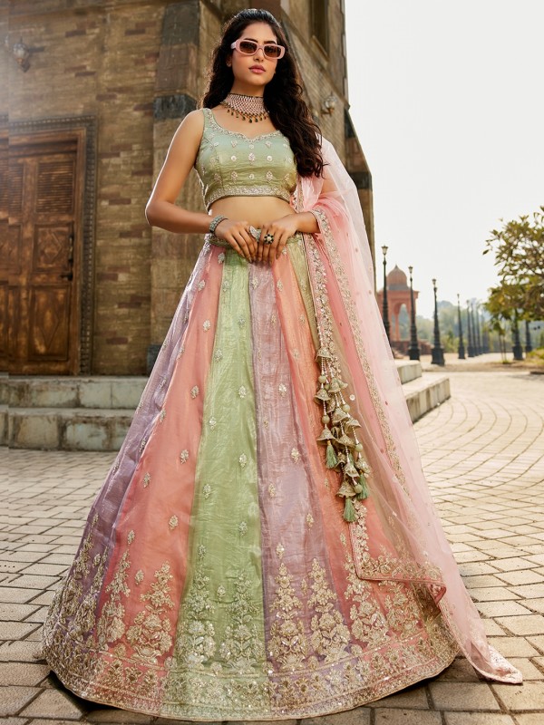 Pure Tissue Silk Fabric Wedding Wear Lehenga In Pink Color With Embroidery Work    