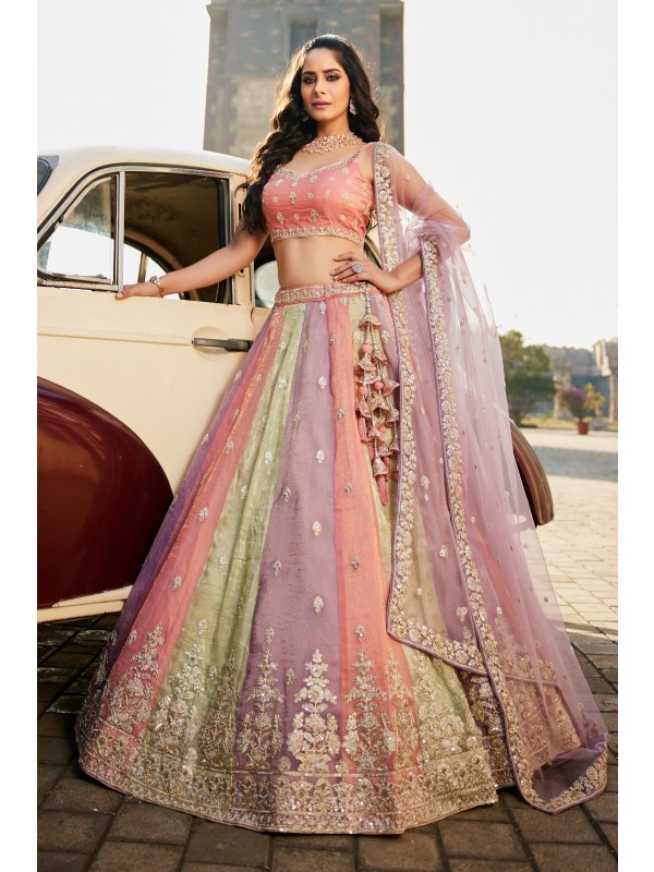 Pure Tissue Silk Fabric Wedding Wear Lehenga In Lavender Color With Embroidery Work    